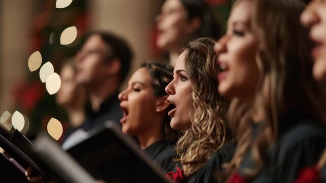 Women singing in choir during a performance with focused expressions and warm lighting