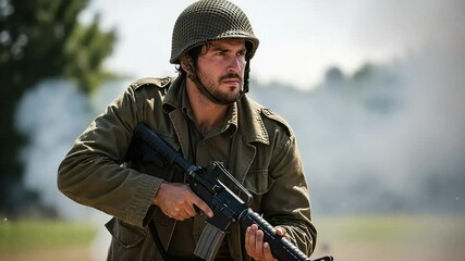 A determined soldier in uniform, holding a rifle and wearing a helmet, advances through a battlefield with smoke and debris in the background - Powered by Adobe