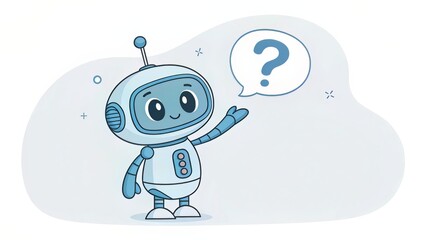 Robot-like character in soft blues holding a question mark, ideal for educational or tech-based UI elements
