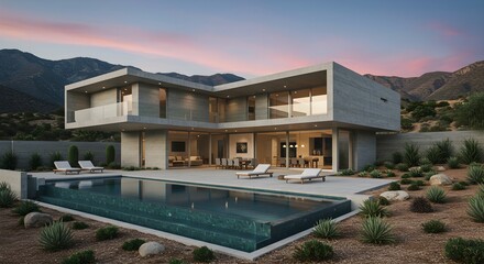 Obraz premium Modern grey architecture presents concrete texture, balanced lighting. Shows villa for real estate ads, architecture renderings, luxury lifestyle.