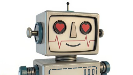 Retro robot avatar with rectangular face and heart rate line, fitting for health tech or futuristic themes