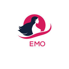Fototapeta premium EMO Letter Logo. Elegant Woman Silhouette Logo Design for Beauty, Hair Salon, and Cosmetics Branding. 