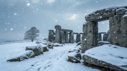 Magical Stonehenge blanketed in winter snow feels peaceful and historic, perfect for travel and history content