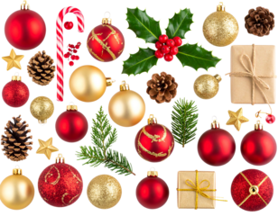 An - Classic Christmas Ornament Collection with Baubles, Candy Canes, and Holly Branches, Flat Lay Top View on Transparent Background.