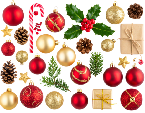 An - Classic Christmas Ornament Collection with Baubles, Candy Canes, and Holly Branches, Flat Lay Top View on Transparent Background.