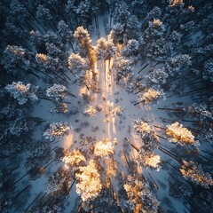 Aerial view of a dense forest with trees stretching upward.
