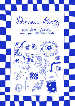Retro Cozy Diner Party poster with text Good morning. Food and drinks. Hand draw Art illustration for Cafe or Kitchen. Contemporary concept, menu. Simple Playful Cute objects, checkered frame. Doodle