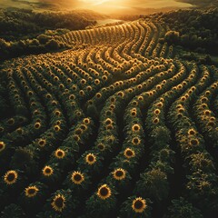 Vast field of sunflowers under a warm sunset glow.