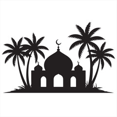 Mosque Silhouette with Palm Trees , Minimalist Islamic Vector Art