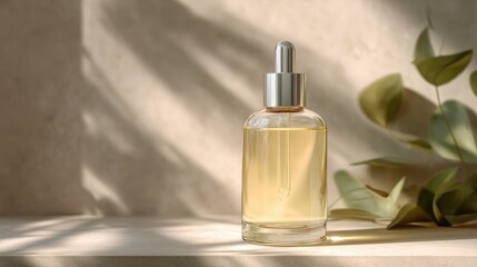 Elegant bottle with dropper showcases beauty oil next to green eucalyptus leaves design