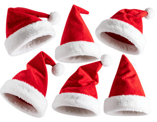 An - Flying Santa Hats Mid-Air with Motion Blur and Falling Snowflakes, Transparent Background Christmas Composition.