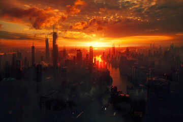 Apocalyptic sunset evening cityscape with destroyed skyscrapers