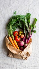Freshly Harvested Vegetables Bursting from a Brown Paper Bag on Textured Fabric, A Colorful Display of Nature's Bounty
