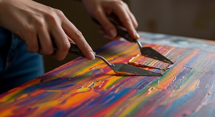 Happy child painting with colorful hands during art activity at home or school