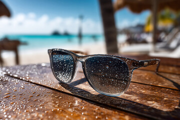 Wet sunglasses on tropical sea beach bar table with raindrops on glasses close up