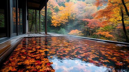 Vibrant autumn leaves floating on a warm onsen