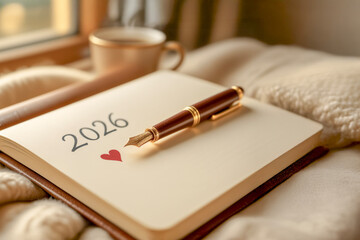 A warm close-up of an open journal showing '2026' with a heart symbol. This cozy scene with a fountain pen evokes new beginnings, goals, and hope for the new year.