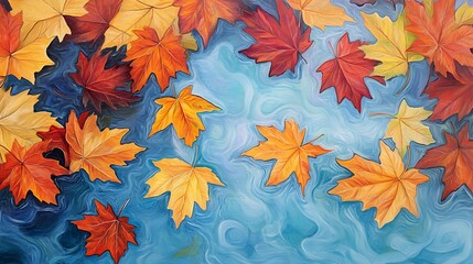 Vibrant maple leaves floating on soft blue waters