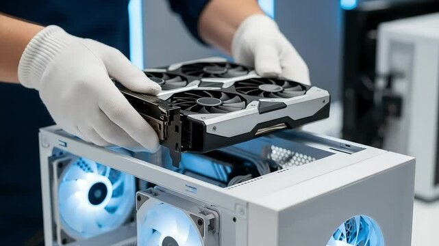 Hands wearing white gloves installing a graphics card into a computer case with blue led fans