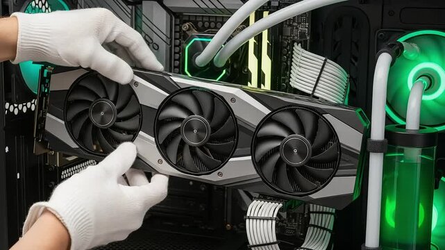 Hands in white gloves installing a powerful graphics card into a custom pc build with green liquid cooling