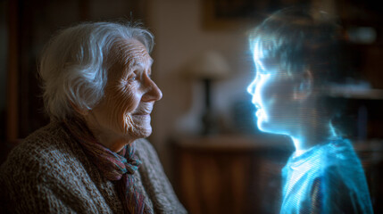 Elderly woman communicating with a glowing holographic figure