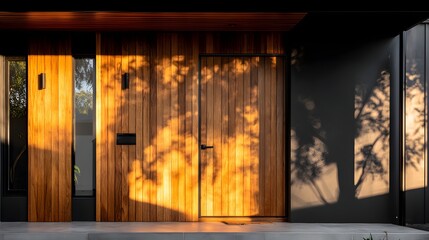 Fototapeta premium Warm sunlight casts shadows on a modern wooden entryway.