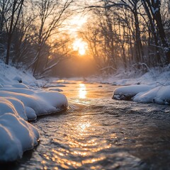 A serene snowy river flows through a forest at sunset, with golden sunlight reflecting on the water and snow-covered banks.