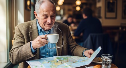 Elderly man drinking coffee while studying a map in a cafe