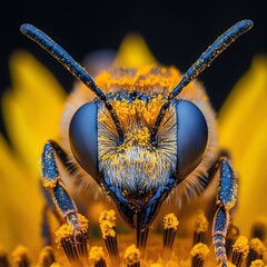 Close-up macro of a bee covered in pollen on a bright yellow flower with detailed eyes, antennae, and legs visible.