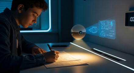 Boy doing math homework with futuristic holographic assistant in a dark room