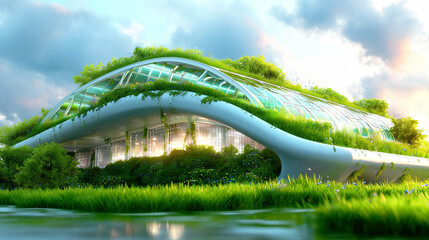 Futuristic eco-friendly building with a green roof and biophilic design integrated into a lush natural landscape.