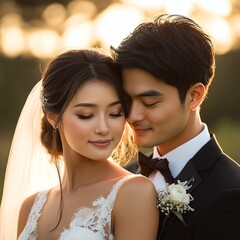 A loving couple dressed in wedding attire shares a tender moment with soft, warm lighting in the background.
