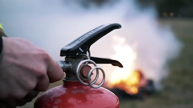 A firefighter prepares an extinguisher while flames burn in the background, emphasizing safety and readiness.