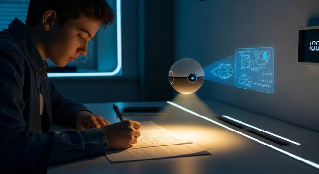 Boy doing math homework with futuristic holographic assistant in a dark room - Powered by Adobe