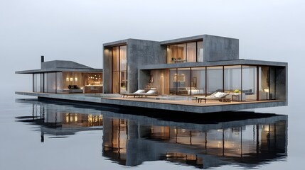 Obraz premium Modern concrete house on a water platform.