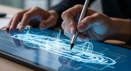 Man using digital pen to operate a transparent holographic display with architectural interface.