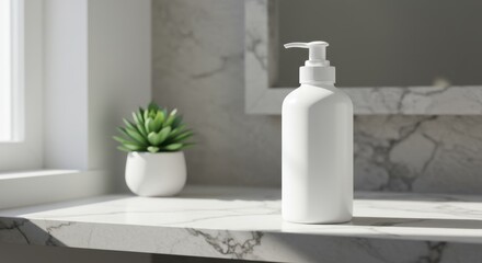 Fototapeta premium Elegant Soap Dispenser on Marble Countertop with Minimalist Plant Decor for Bathroom Interior Design