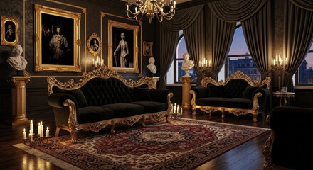 Fototapeta premium Ornate parlor showcasing elaborate dark sofas against an old world decorative design concept