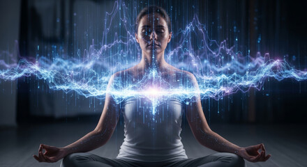 Woman meditating with glowing neural energy lines connected to her body in a dark digital environment.