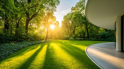 Lush green lawn bathed in sunlight with trees and a modern patio.