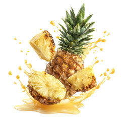 Pineapple Pieces and Halves Flying Out of Pineapple 3D with Transparent Background

