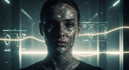 Close-up portrait of woman with futuristic data streams and interface elements projected across his face.