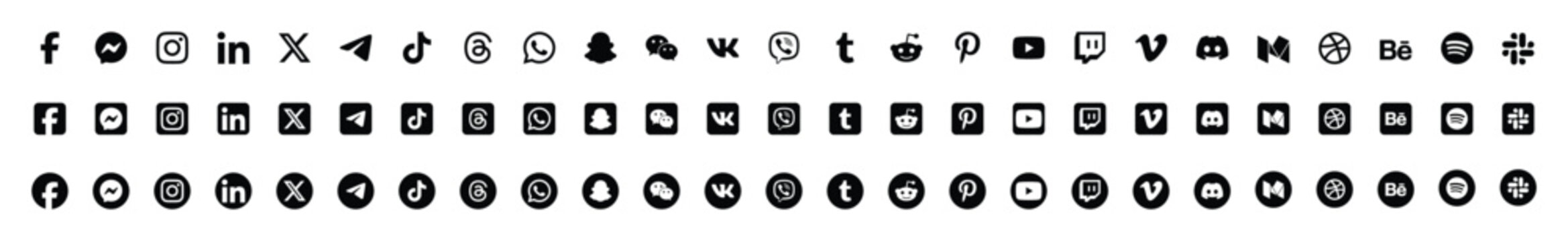 Social media and communication contact logos and icons collection in various styles for web and app ui. facebook, instagram, twitter, threads, tiktok, messenger, whatsapp, telegram