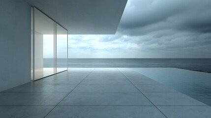 Obraz premium Modern coastal home exterior with a stunning ocean view.