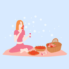 Happy young girl relaxing at park in summer picnic in flat cartoon design. Smiling woman blowing bubbles, sitting at blanket near fruits and drinks, recreate outside. Vector illustration isolated.