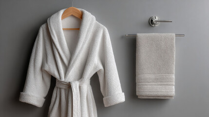 Bathrobe and towel set hanging on a wall-mounted hook, perfect for home or spa mockups