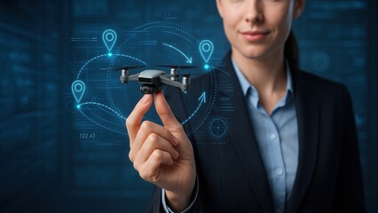 A businesswoman holds a drone with floating flight paths and gps pins in a high tech control center, air traffic management, air transport, air rush