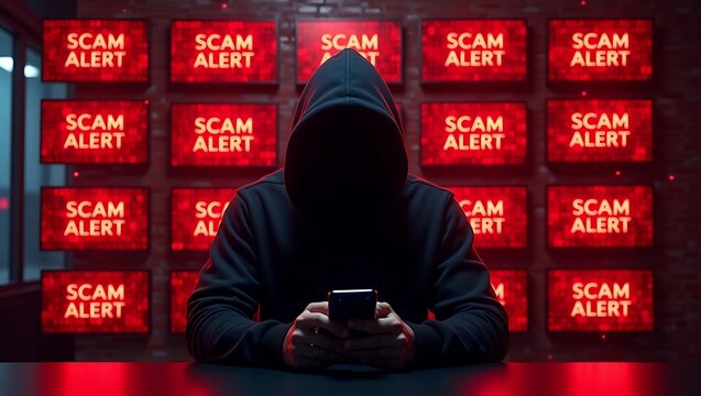 A cloaked figure in a dark hoodie stares at a smartphone, surrounded by bright red screens displaying 'SCAM ALERT'. - Powered by Adobe