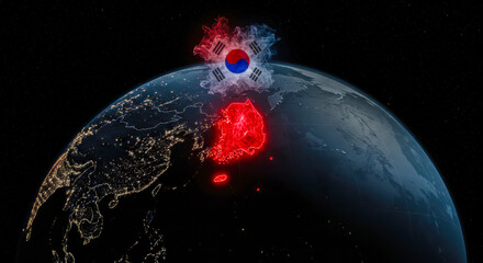 South Korea Illuminated at Night with Superimposed Flag – Emblem of National Identity and Regional Influence