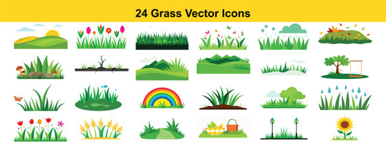 Diverse natural scenes with grass flowers and trees nature landscape